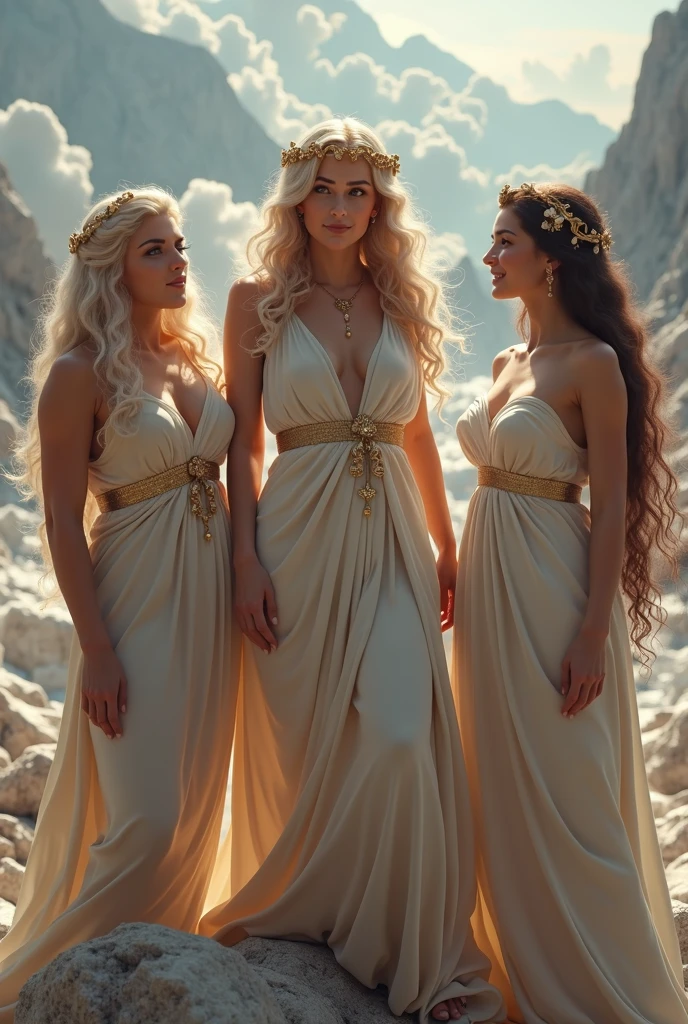 greek gods,hera, hestia,Demeter,Olympus,High resolution, masterpiece, necessary, anatomically correct, The best quality, Awarded many times, detail, details altos, quality, Very detailed, retina, high quality, HD Model, textured skin, UHD, breasts, big breasts, happy, light blush, satisfied smile, Moaning, jealous, Sigh, mischievous, naughty face, cinematic lighting, surrealism, Renaissance,