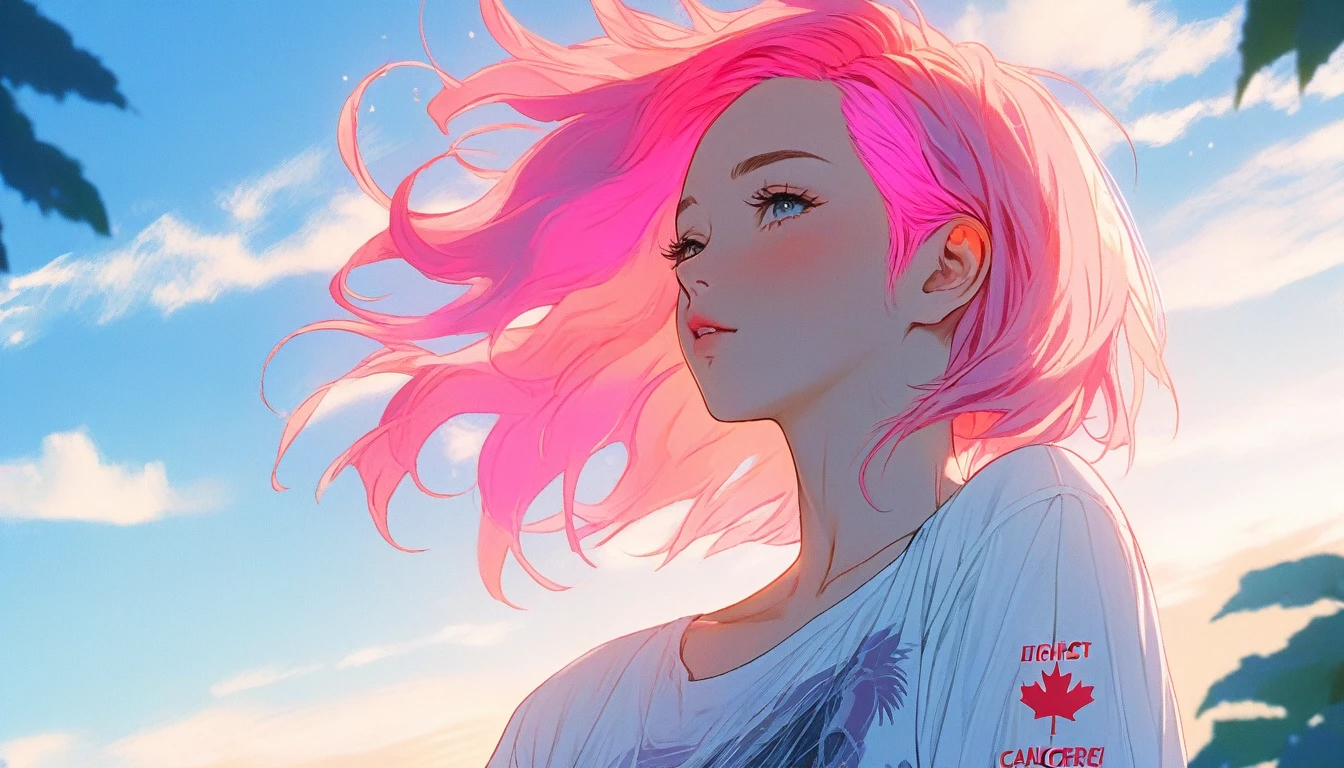 Illustrator, anime , Realistic ,sketch , 1 Girl, ,lip, blouse,order, Summer background, Neon Hair,Textured Trim, Canadian, (masterpiece,Highest quality) Cancer,Summer heat,Vision,