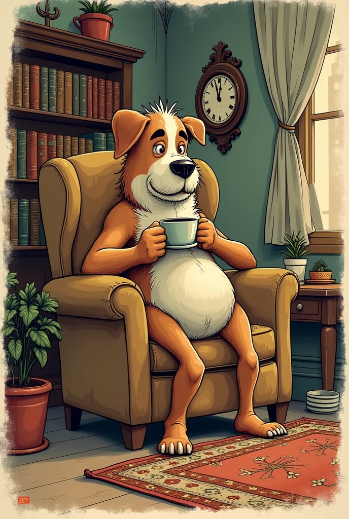 The dog Medieta (Fontanarrosa character), drinking a coffee. Let the illustration have a vintage style like old comics