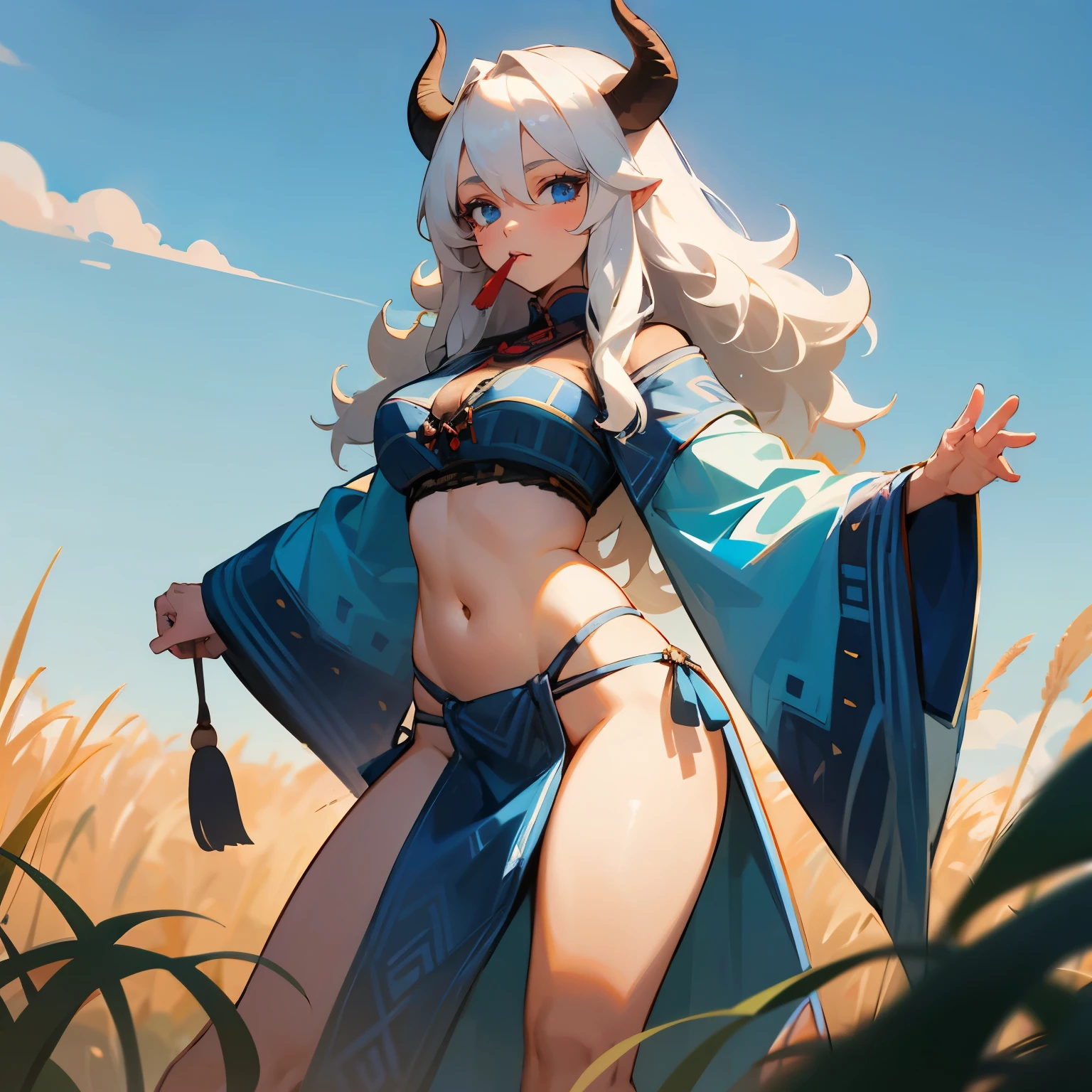 1female, Wavy White Hair , Blue Eyes , Blue Cow print , Tribal Clothing ,Loin Cloth, White Bull Horns , Straw in mouth , Curvy , Adult Female , Standing in a grassy planes