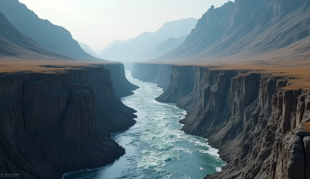 There is a deep river under the mountain，The mountain is bare with no plants.(best quality，4K，8k，High level，masterpiece：1.2），Ultra Detailed，（lifelike，Photo real，Photo real：1.37）