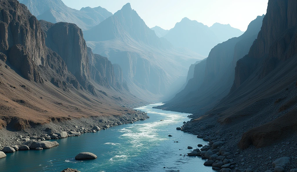 There is a deep river under the mountain,The mountain is bare with no plants.(best quality,4K,8k,High level,masterpiece:1.2),Ultra Detailed,(lifelike,Photo real,Photo real:1.37)