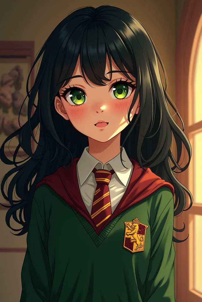 Latin Girl, greeneyes, Bblack hair, wearing gryffindor uniform, in anime