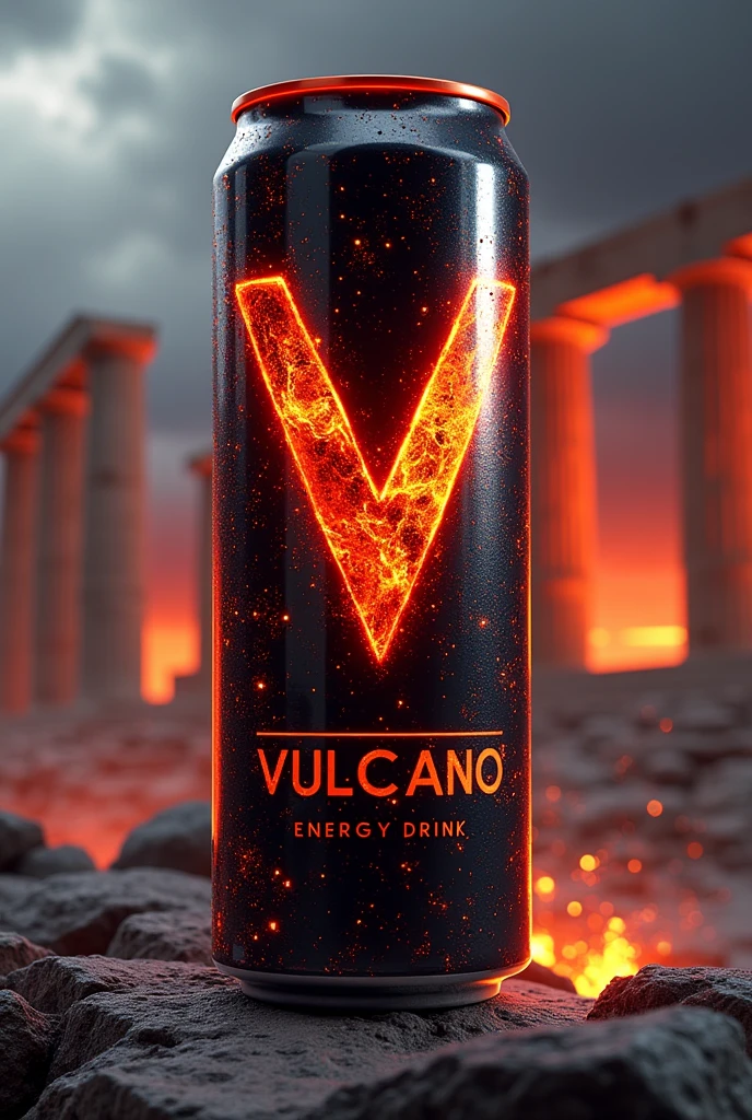 Vulcano brand energy drink in black can,red,yellow,corinth with slogan energy drink Holographic