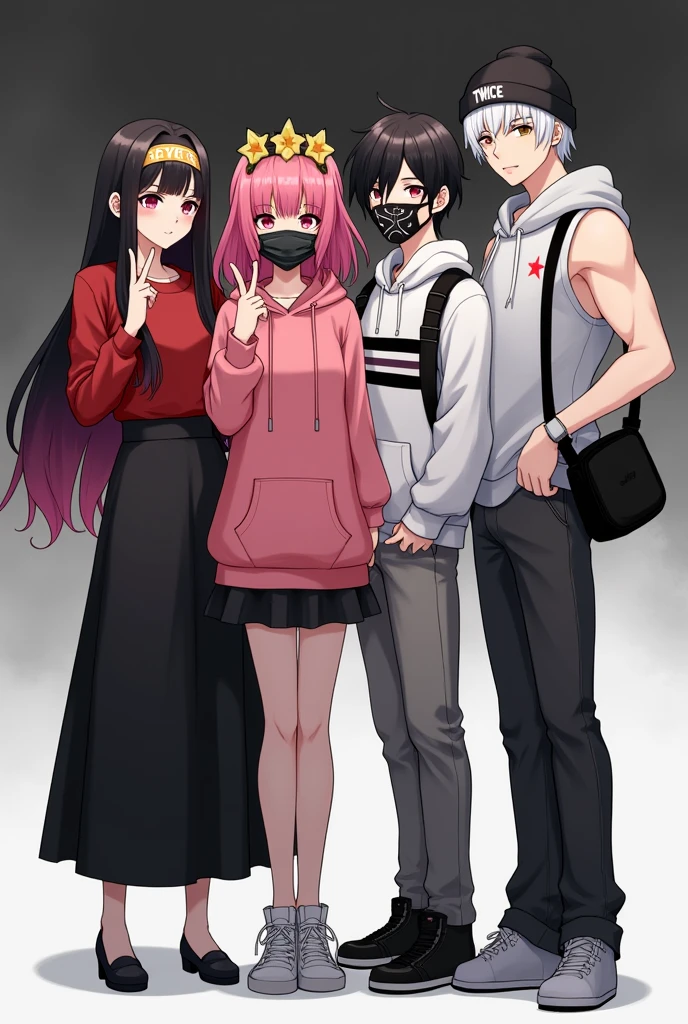 2 girls and 2 guys,they only 4 PEOPLES,they all the same height 170cm,no one is short than another and no one is tall than another.They all in game characters with black and white ish background .they smiling
one of the girl has long red and black hair, she's wearing red long sleeve shirt and black long skirt.
Another girl has pink hair with kpop's TWICE merch such as headband and pink hoodie and she has yellow flowers crown.
one of the men has a black hair and hes the only wearing face covered mask, he's also has a Japanese type of cap and its black, he's wearing long sleeve shirt with black and white striped pattern.
Another men,has a white hair,has a star binie cap and wearing sleeveless grey hoodie and carry a black bag, he's didn't wear a mask but he's wearing a silver chain around his neck,he has bicep
they all taking a group photos in formal for a profile picture side by side.they also posing for the camera.the girls did peace pose