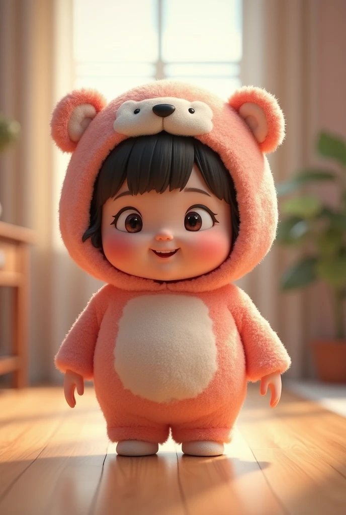 (girl),(()) ,3d images ,Highest quality 8K ,Chubby body shape,((Very fat)),Pink cheeks,podgy,Good mood,((Looking for something)),((secretly)),((Hide)),((Open your eyes.)),Put on a stuffed animal costume,Balanced lighting,blurred background,Middle of the picture