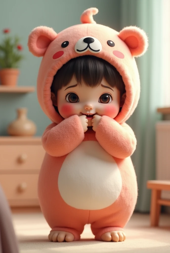 (girl),(()) ,3d images ,Highest quality 8K ,Chubby body shape,((Very fat)),Pink cheeks,podgy,Good mood,((Looking for something)),((secretly)),((Hide)),((Open your eyes.)),Put on a stuffed animal costume,Balanced lighting,blurred background,Middle of the picture