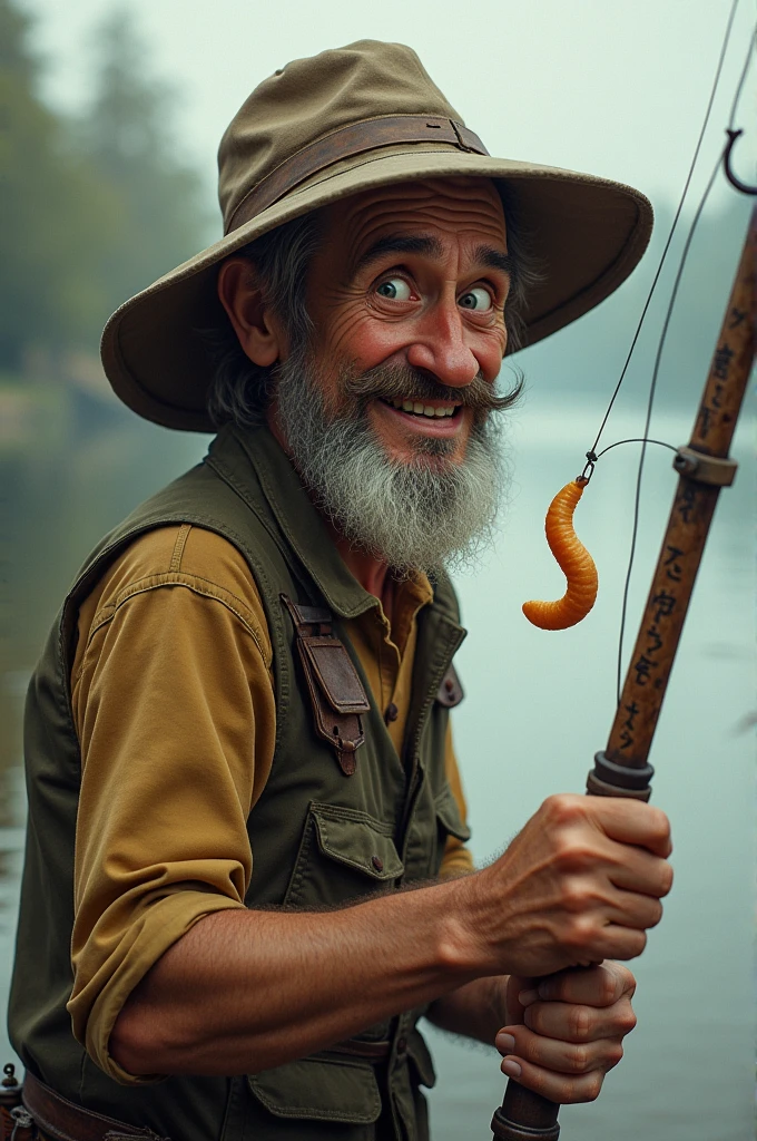 A fisherman with a mischievous look holding a rod with several small names written along it. A sharp hook at the end of the line and an innocent-looking worm 