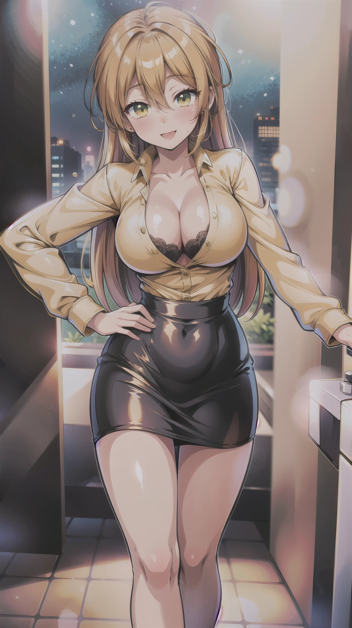 （（super high quality,））（（Ultra-high resolution,））（16K,）（super masterpiece,）（（Ultra HD ,））（Detailed shading,）One sexy woman,popped Tight collar Yellow shirts,Long sleeve,Cleavage,Black tight skirt,Ecstatic smile,blush,Lean forward diagonally,