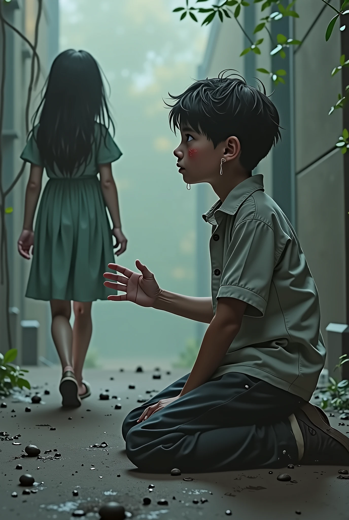 "A boy kneels on the ground, tears streaming down his face as he reaches out to a girl walking away from him. The girl, appearing indifferent or detached, continues to walk away, leaving the boy in a state of despair and "A boy kneels on the ground, tears streaming down his face as he reaches out to a girl walking away from him. The girl, appearing indifferent or detached, continues to walk away, leaving the boy in a state of despair and longing."