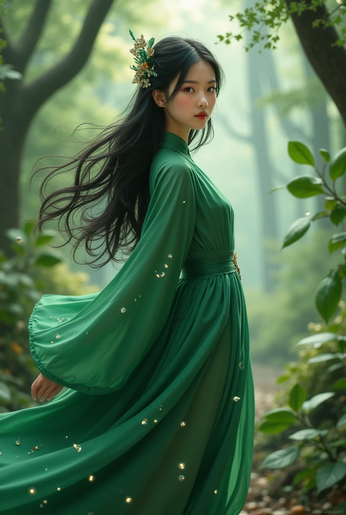 (Masterpiece, Kualitas The best, The best, official art, Beautiful and Aesthetic, Long Exposure: 1.2), smooth movement, Charming Pattern, 1 girl, (Long Sleeve Balloon Dress: short), (((Green Clothes) )), body close-up, covered shoulders , Chinese girl, blush, black lob hair, Portrait, Alone, full body , looking towards the observer, detailed background, detailed face, (crystals, crystal theme:1.1), elemental wood fairy, foliage rotasi, mengontrol foliage, Emerald Dress, Dynamic Pose, floating particles, smooth dynamics, foliage, steam, forest di latar belakang, Green color, forest, smooth atmosphere,
I want Ganesha indonesia as a character.
