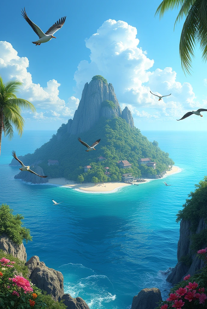 An island in the.middle of the sea with birds flying in the sky