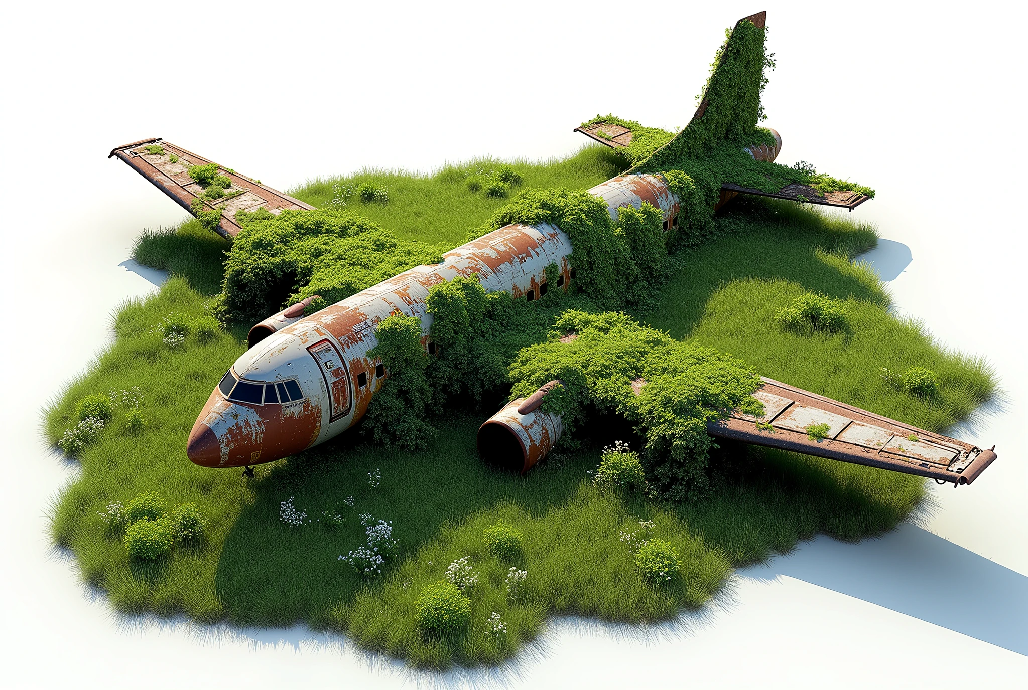Aerial view of a rusty airplane covered in vegetation in a green field, total white background, complex and realistic details, image for reference model composition, 3D presentation thumbnail. unreal engineer Iray rendering NVIDIA RTX 3060, global lighting studio,