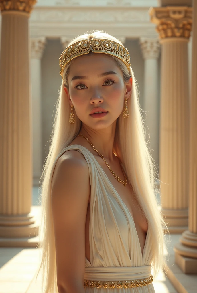 A Korean woman in a goddess greek inspired outfit. She has a neat, straight blonde long hairstyle, brown eyes, and her overall look goddess fashion, behind her is a Greek palace, on her head she wears a golden greek crown