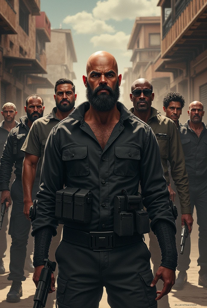 A group of commandos, composed of: a bald man, 50 year old bearded man, athletic body, who is the boss and therefore goes in the center.  A very tall man, athletic and with a pessimistic face.  a thin man, dressed as a drug dealer.  a dwarf of about 40 years old, Very bad. a very wrinkled man, something fat and with a cell phone. A very thin white man with a communications radio.  A fat black man with a frying pan and a lot of glasses in one hand. A very thin and tall man with a hungry face.  a fat man with glasses.  They are all armed.  And at the top it says LOS FRIOS, and below it says: Dark Intelligence Front... The background is a poor Latin American city
