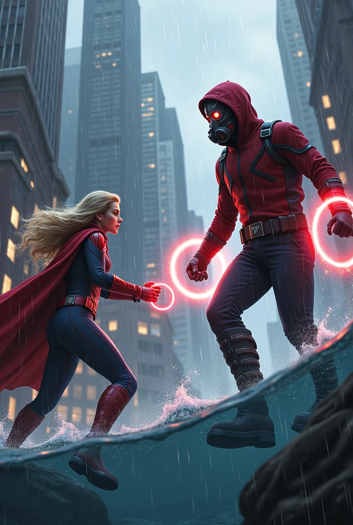 Young Star-lord with red hoodie, headphones, star-lord helmet, gas helmet, covered mouth, round red eyes, Red eyes, magic rings in the hands and rocket boots, Vs. Capitana marvel, Vs. Blonde nun , Fighting, power, fiction, full body, 3 person, magic lasso, hight, fall, fire in boots, poweful spells, realistic, helmet, mask, red cape, confrontation, punch, gun, flying in the sky, view of the city from above, rain, Black gloves, ocean floor, face cover, free hair, front cover