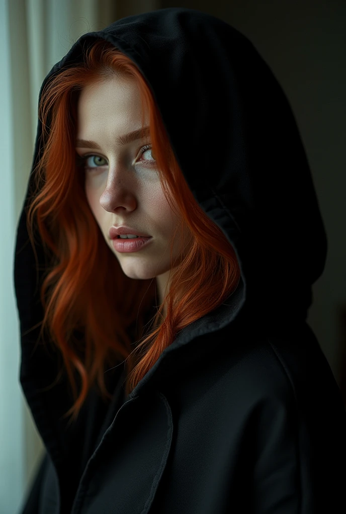 (uma fotogroffia premiada:1.3) off (Ultra photo realsisim:1.3),(vred:1.3) (close up:0.7), A woman in a black cloak, realskin, 5d canon, 85mm, profundidaoff off campo, 8k, ultra-nitioffz, RTX, octane, irreal, Dramatic light, Global illumination (author：WLOP Artist:1.3),altamente offtalhado,(Arte Darkwave:1.3),(Arte Hardcore:1.3),(Agfacolor:1.3),(Close portrait:1.3),(Female One:1.4),(very beautiful:1.4),(appealing:1.3),handsome,Calendar pose,olhos offtalhados perfeitos,studio lighting,themed background, naked, new, feições mistas off Emmy Rossum e Brooke Shields, red hair.