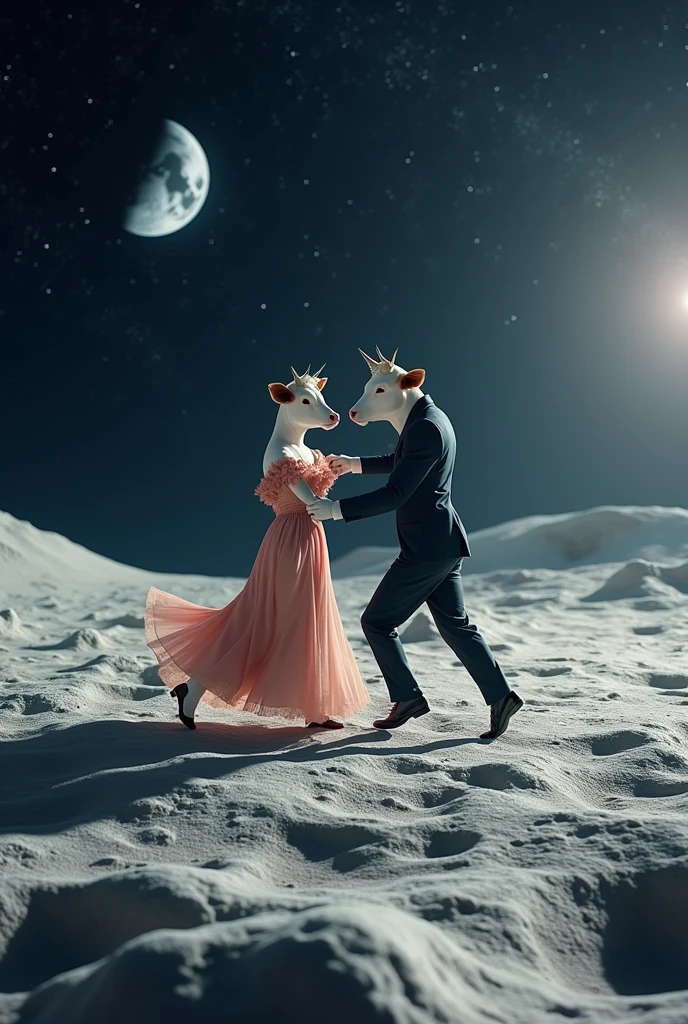 Imagine a surreal scene on the moon where cows in tango outfits are passionately dancing under a starry sky. The cows, in pairs, are performing an elegant tango dance with smooth, flowing movements. The moon’s low gravity is making the dance steps appear unique and floating. The lunar surface is illuminated by the light of Earth on the horizon, and the blue planet is visible in the background. The atmosphere is magical and dreamlike, with a humorous touch to the situation.