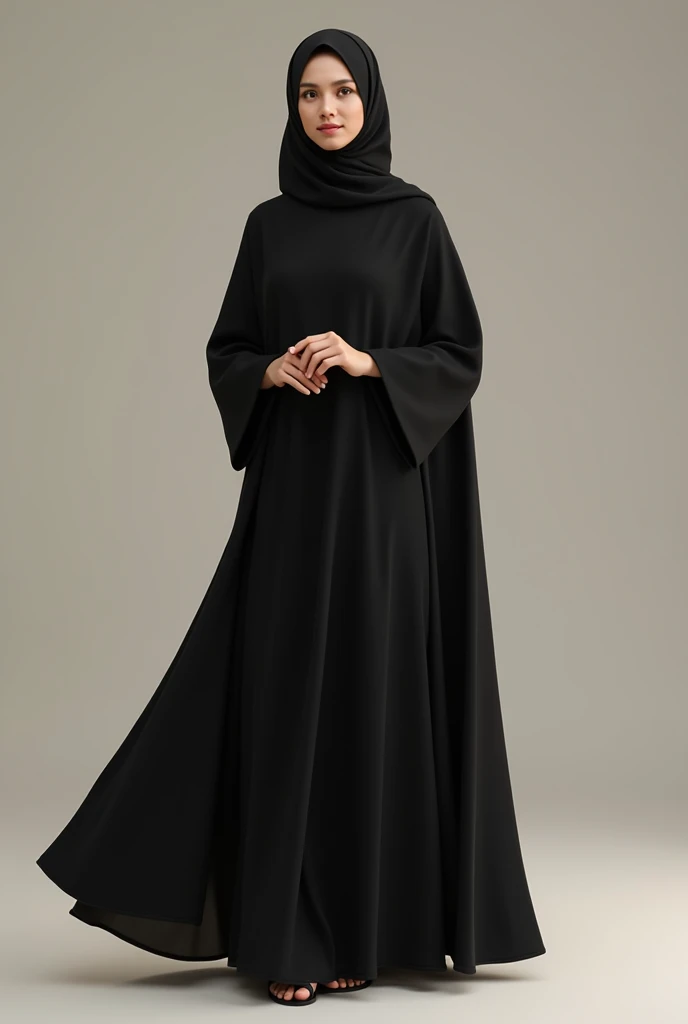 a woman with a black modest simple design  abaya with medium lose sleeves 