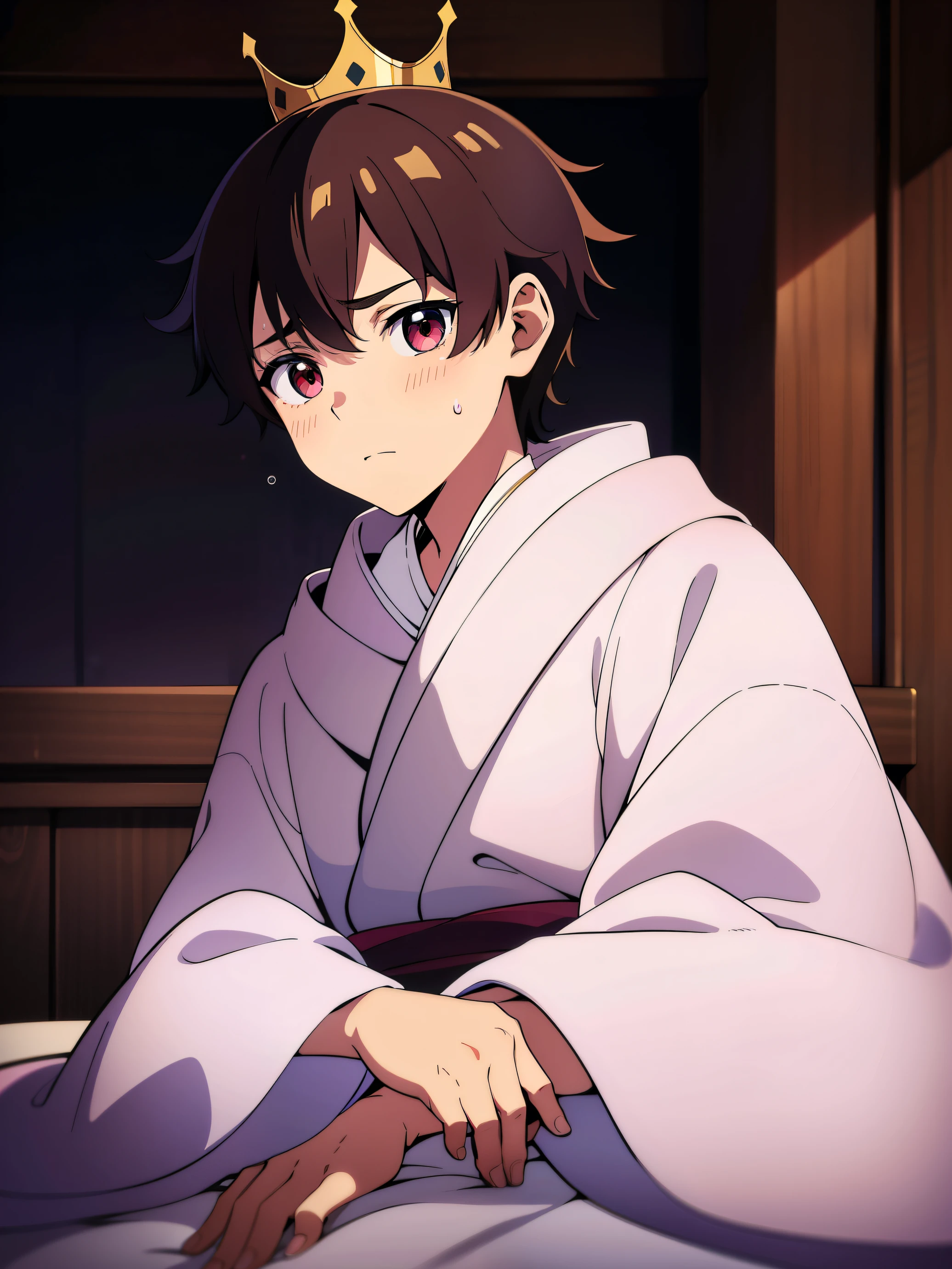 Highres, Masterpiece, Best quality at best,Best Quality,hight quality, hight detailed, Anime style, 1boy, crown, young prince, clothes of a young prince, robe, cuddle, pretty face, Shota, young boy, t, 15-years-old, handsome,(very young boy), (very small and short body), simple beckground, cute boy, Uhd, bokeh, sweat