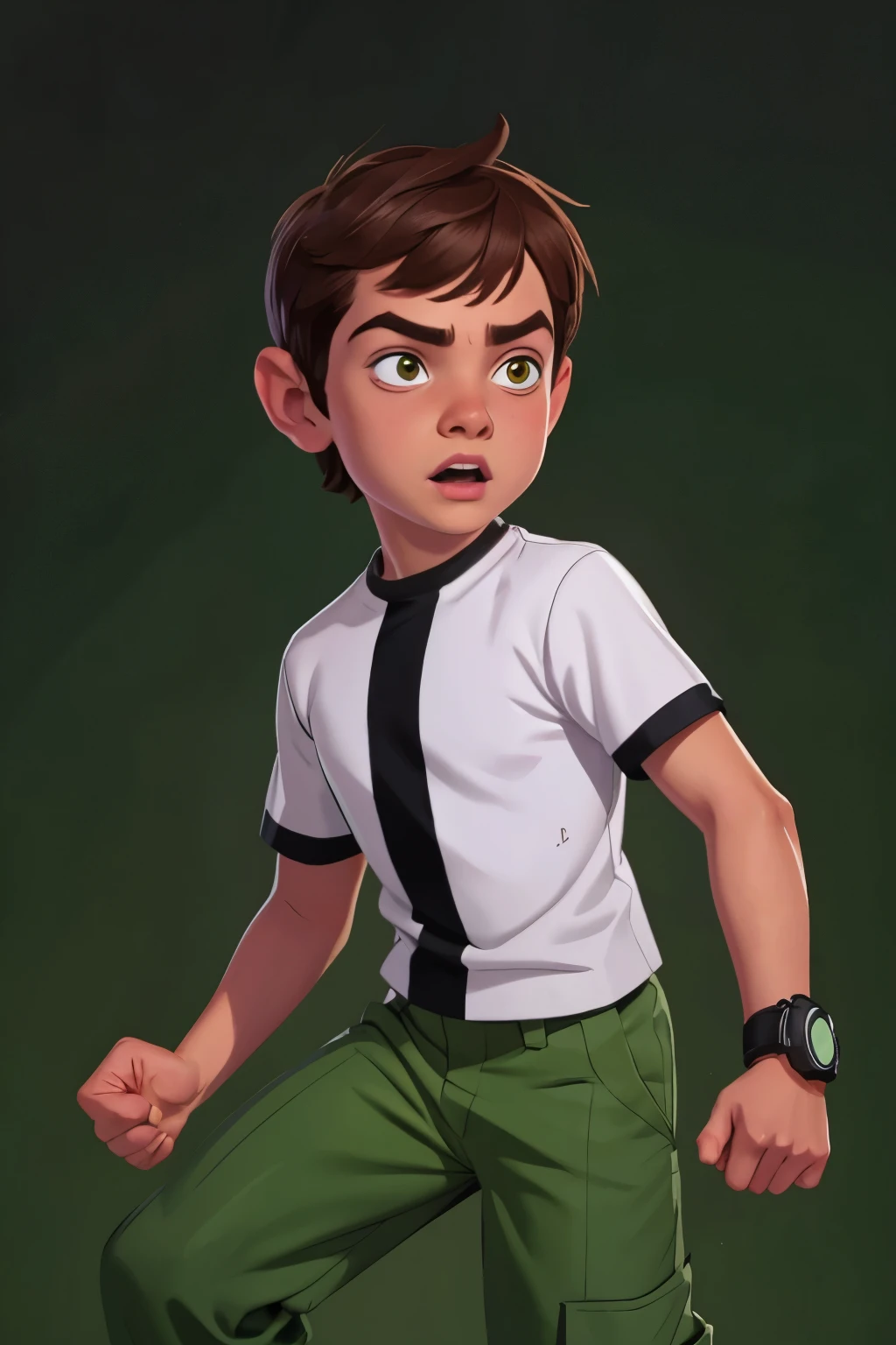 Movie poster, Ben 10 (((A child, *** ))), brown eyes, (((wearing a white outfit with black stripe in the center, green pants))) , showing fist. (Omnitrix on arm)) . (Action facial expression ) . highy detailed, face detailed, realisitic, cinematic lighting, studio quality, proffesional, face detailed, intrikate, bright coloured. ((abstract lighting background)).