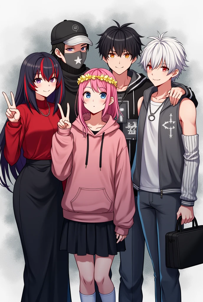 2 girls and 2 guys,they only 4 PEOPLES,they all the same height 170cm,no one is short than another and no one is tall than another.They all in game characters with black and white ish background .they smiling
one of the girl has long red and black hair, she's wearing red long sleeve shirt and black long skirt.
Another girl has pink hair with kpop's TWICE merch such as headband and pink hoodie and she has yellow flowers crown.
one of the men has a black hair and hes the only wearing face covered mask, he's also has a Japanese type of cap and its black, he's wearing long sleeve shirt with black and white striped pattern.
Another men,has a white hair,has a star binie cap and wearing sleeveless grey hoodie and carry a black bag, he's didn't wear a mask but he's wearing a silver chain around his neck,he has bicep
they all taking a group photos in formal for a profile picture side by side.they also posing for the camera.the girls did peace pose
make it like a youtube thumbnail