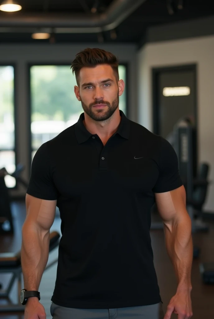 Semi-muscle man at the gym wearing a black round neck polo shirt, Please, the polo shirt should not have a shirt collar.