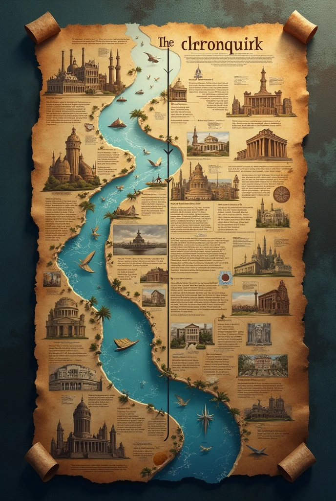"Create a YouTube banner that features a dramatic historical timeline stretching across the width of the banner. Include notable events, symbols, or figures from various eras, such as ancient Rome, the Renaissance, and the Industrial Revolution. Blend these elements seamlessly into a cohesive design with a rich color palette of deep blues, golds, and earthy tones. Incorporate subtle textures like parchment or vintage maps in the background to enhance the historical theme. Add the channel name 'ChronoQuirk' in an elegant, serif font, prominently displayed to catch viewers' attention