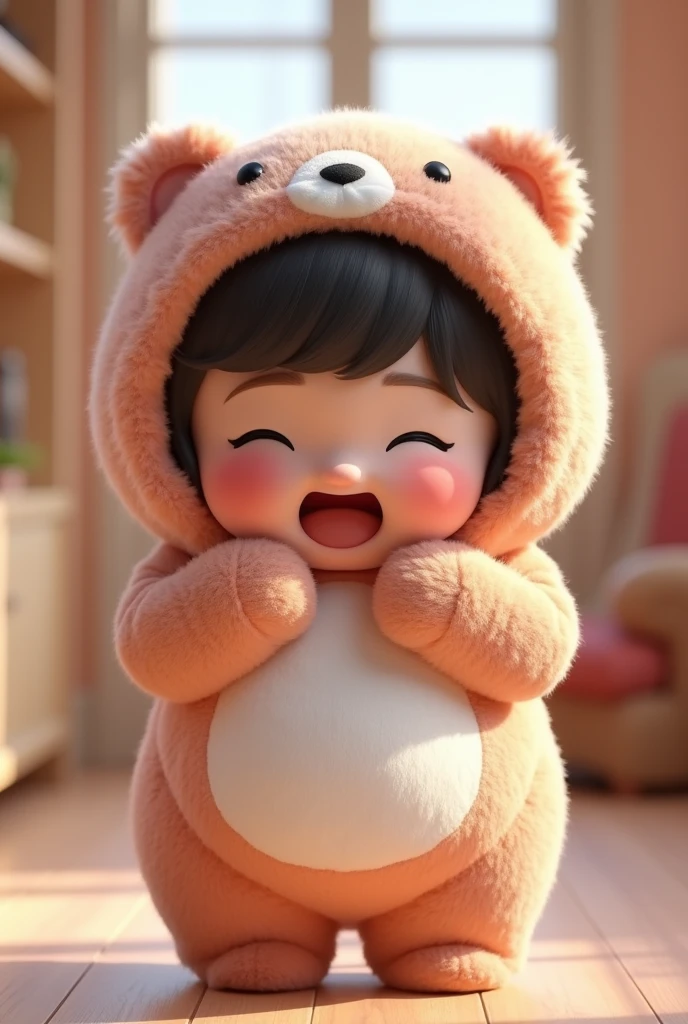 (girl),(()) ,3d images ,Highest quality 8K ,Chubby body shape,((Very fat)),Pink cheeks,podgy,Good mood,((Looking for something)),((secretly)),((Hide)),((Open your eyes.)),Put on a stuffed animal costume,Balanced lighting,blurred background,Middle of the picture