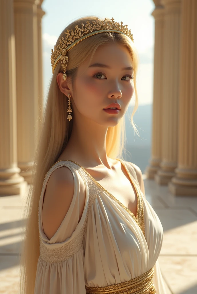 A Korean woman in a goddess greek inspired outfit. She has a neat, straight blonde long hairstyle, brown eyes, and her overall look goddess fashion, behind her is a Greek palace, on her head she wears a golden greek crown