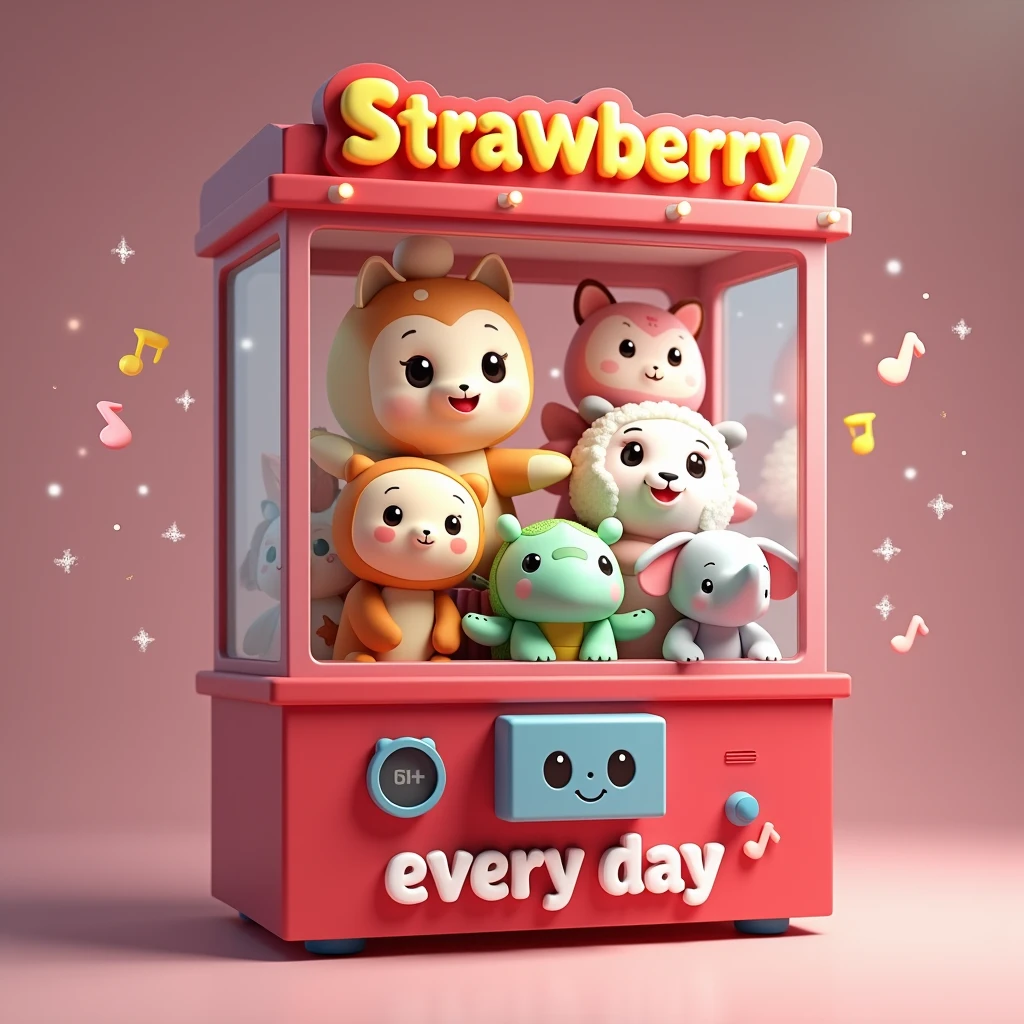 ((white background)), The image shows a cartoon style claw machine. The machine is predominantly red, with a transparent front, and at the top it says “STRAWBERRY” in yellow letters. Inside the claw machine, There are several cute plush toys that resemble animals, there is a turtle, A cow, a sheep, owlship, elefant, catboy, rapoza, like bears and ice cream. The toys have big eyes and smiling faces, which gives them a friendly appearance. Around the machine, There are floating musical notes and twinkling lights that add to its playful charm. The words “EVERY DAY” are visible on the bottom of the machine in white letters on a pink background.. This image is interesting because it depicts a fun scene that may appeal to children or people who appreciate cute aesthetics.. 🍓🧸✨((white background)),