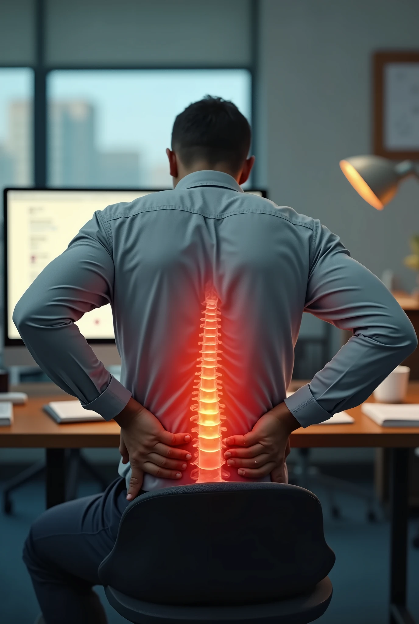 person with lower back pain while at work