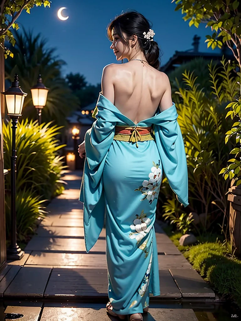 ((skinny)), ((tiny body)), Under the mesmerizing moonlight, in a serene Japanese garden, a beautiful woman in a partially undone kimono reveals her elegant shoulders and back. Her demure yet seductive gaze is full of hidden secrets. As she gracefully strolls along the garden path, she occasionally pauses to offer a fleeting smile towards the moon. The soft illumination of traditional lanterns creates an enchanting atmosphere, while her loosely tied hair waves gently, adding to her elegance and allure.