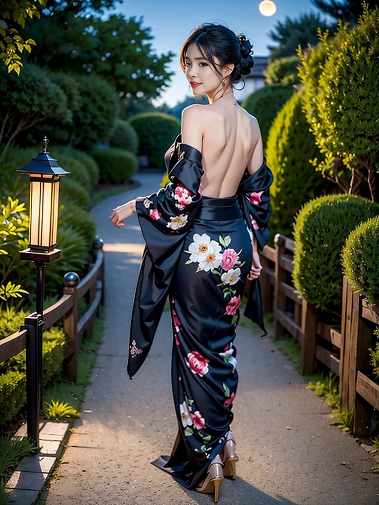 ((skinny)), ((tiny body)), Under the mesmerizing moonlight, in a serene Japanese garden, a beautiful woman in a partially undone kimono reveals her elegant shoulders and back. Her demure yet seductive gaze is full of hidden secrets. As she gracefully strolls along the garden path, she occasionally pauses to offer a fleeting smile towards the moon. The soft illumination of traditional lanterns creates an enchanting atmosphere, while her loosely tied hair waves gently, adding to her elegance and allure.