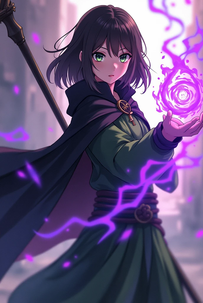 anime format: a young brunette with medium hair, with green eyes, a black cape, and the green clothes, with a black staff in his hands and magic coming out of the other hand, a kind of purple flame