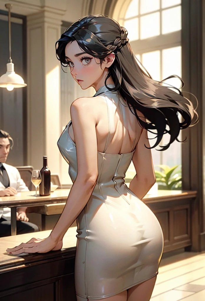 perfect eyes:1.2, detailed eyes:1.4, m0n1c4b-v2, long hair, hair pulled back, black hair, brown eyes, from behind, ass, looking back, restaurant, dr3ss, white dress, bare shoulders, latex, breasts, medium full shot, thigh-level shot, 1girl, solo, (masterpiece:1.6, best quality),