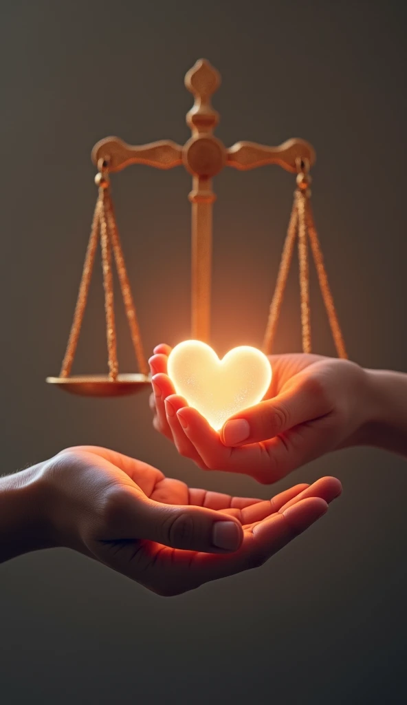 A scene depicting two hands, one giving and one receiving a glowing heart, symbolizing the exchange of consideration and care. In the background, a balanced scale represents the importance of mutual respect in relationships, with the glow emphasizing that consideration doesn’t require wealth