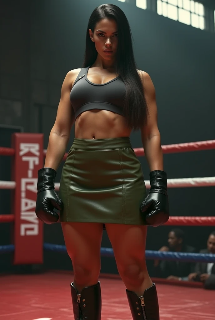 Beautiful Caucasian muscle mom, straight jet-black hair, huge breasts, olive green leather a-line business skirt, stiletto-heeled combat boots, thicc body, thick thighs, tiny waist, curvy figure, voluptuous body, muscular physique, full body portrait, intimidating pose in a boxing ring, attractive fitness woman, mature woman, hourglass figure,