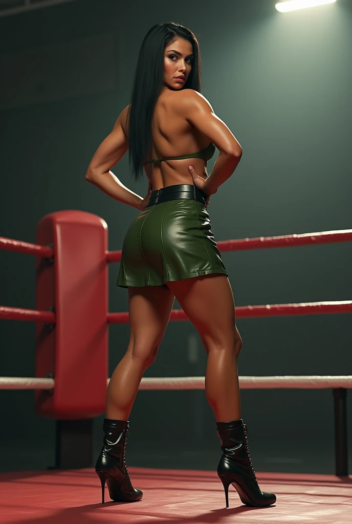 Beautiful Caucasian muscle mom, straight jet-black hair, huge breasts, olive green leather a-line business skirt, stiletto-heeled combat boots, thicc body, thick thighs, tiny waist, curvy figure, voluptuous body, muscular physique, full body portrait, intimidating pose in a boxing ring, attractive fitness woman, mature woman, hourglass figure,