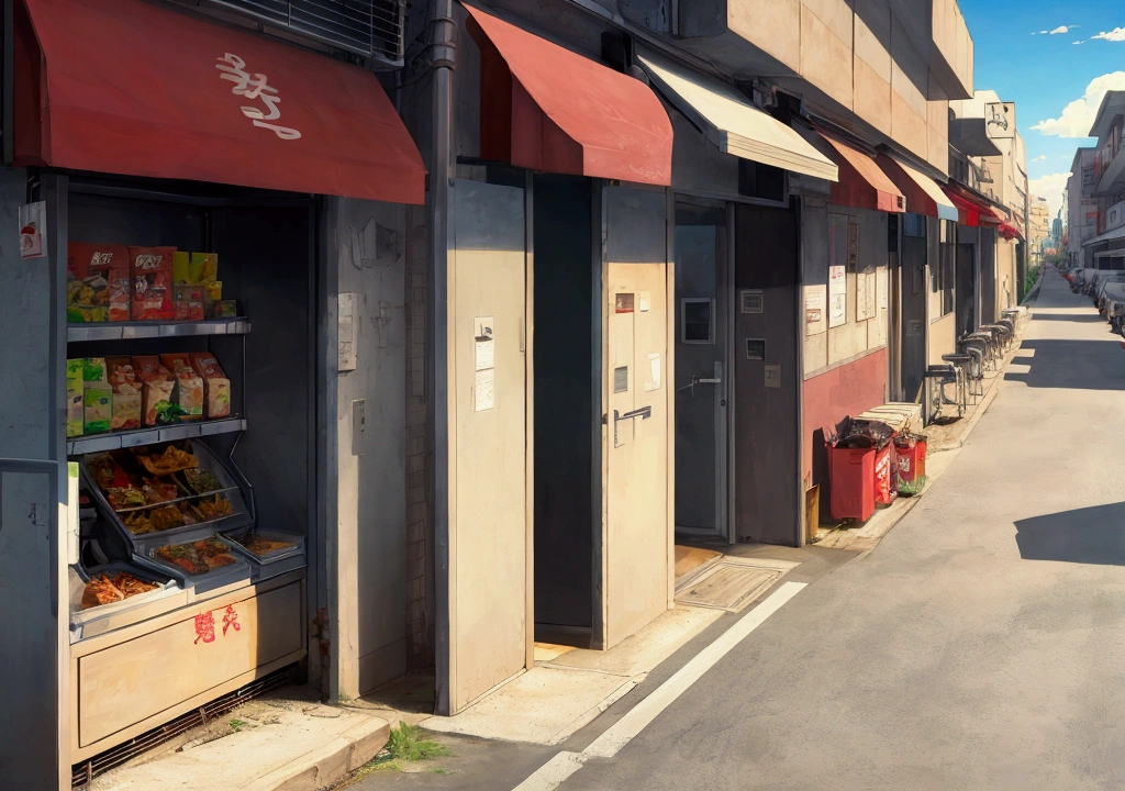 a cartoon anime street side cafeteria 