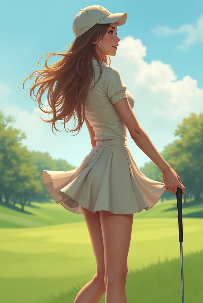 A gorgeous Girl that play golf pull her skirt up from the floor after fell down