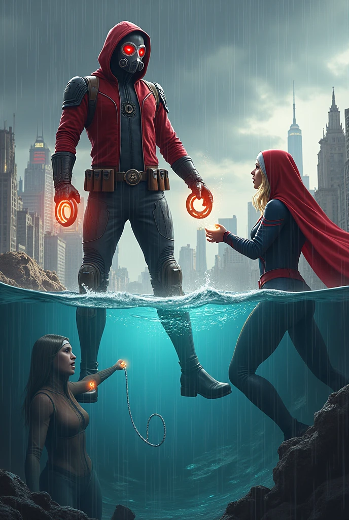 Young Star-lord with red hoodie, headphones, star-lord helmet, gas helmet, covered mouth, round red eyes, Red eyes, magic rings in the hands and rocket boots, Vs. Capitana marvel, Vs. Blonde nun , Fighting, power, fiction, full body, 3 person, magic lasso, hight, fall, fire in boots, poweful spells, realistic, helmet, mask, red cape, confrontation, punch, gun, flying in the sky, view of the city from above, rain, Black gloves, ocean floor, face cover, free hair, front cover