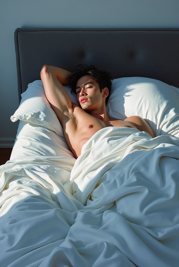 chiaroscuro technique on sensual illustration of an arafed man resting in white blanket, sexy masculine, model with attractive body, inspired by Ludovit Fulla, mid-shot of a hunky, the model draped in flowing, thick oil painting by Harumi Hironaka, extremely soft colors, vibrant, highly detailed, malcolm liepke painting, oil on canvas, high contrast, dramatic, refined, tonal, Create high contrast between light and shadow by Leon Polk Smith, memphis abstract minimal art, graphic shapes, minimal art, blue and red, minimal art style, bauhaus art, inspired by El Lissitzky, bold simple shapes, shadow