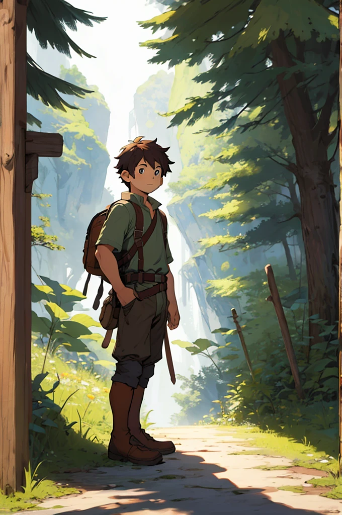 Draw a young adventurer , standing in the middle of&#39;a forest continuing its training;auras of fire. Spectacular lighting from&#39;stars and distant planets light up the scene, casting deep shadows on the costume. The young man went&#39;confident and determined air, look at the&#39;vast and mysterious universe with wonder and respect , shirtless