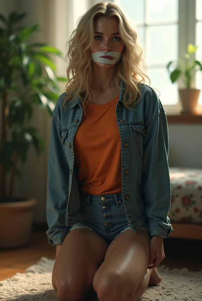 (photorealism:1.2), beautiful girl, kneeling, wearing denim jacket over orange t shirt, jean shorts, blonde curly hair, indoors, soft lighting, plants in background, window with sunlight, cozy room, hands taped behind her back, mouth taped shut, realistic, intricate details,