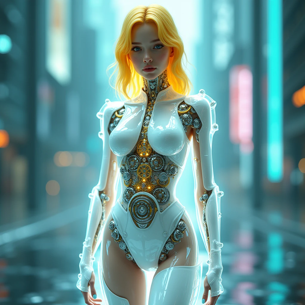 A breathtaking 8k UHD photo of a stunning cyberpunk-inspired cyborg with a translucent glowing glass body de frente de pé olhando pra frente , showcasing the intricate clockwork mechanics and pink flowers intertwined within. The cyborg's hazel eyes capture the viewer's attention, while her flowy hair and wide hips exude an air of elegance. The futuristic cityscape serves as a backdrop, reflecting the amber glow emanating from the cyborg's body. The hyperdetailed ultrarealistic face and fluid movement create a sense of depth and realism. The image is a mesmerizing blend of fashion photography, 3D render, and portrait photography, capturing the beauty and complexity of this captivating character., 3d render, photo, portrait photography translucent white  glowing glass ciano  body de frente de pé olhando pra frente ,joelho e coxa de ferro prateado, green showcasing the intricate clockwork mechanics and water  gold  intertwined within. The cyborg's hazel eyes capture the viewer's attention, while her amarelo yellow hair and wide hips exude an air of elegance. The futuristic cityscape serves as a backdrop, reflecting the ciano glow emanating from the cyborg's body. The hyperdetailed ultrarealistic face and fluid movement create a sense of depth and realism. The image is a mesmerizing blend of fashion photography, 3D render, and portrait photography, capturing the beauty and complexity of this captivating character., 3d render, photo, portrait photography