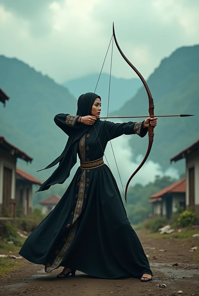 Beautiful malay muslim woman,martial art silat,black dress,bow arrow, houses, mountain,war,epic