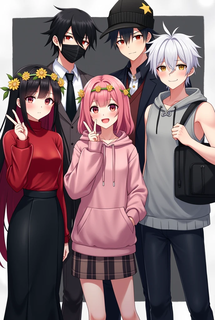 2 girls and 2 guys,they only 4 PEOPLES,they all the same height 170cm,no one is short than another and no one is tall than another.They all in game characters with black and white ish background .they smiling

one of the girl has long red and black hair, she's wearing red long sleeve shirt and black long skirt.

Another girl has pink hair with kpop's TWICE merch such as headband and pink hoodie and she has yellow flowers crown.

one of the men has a black hair and hes the only wearing face covered mask, he's also has a Japanese type of cap and its black, he's wearing long sleeve shirt with black and white striped pattern.

Another men,has a white hair,has a star binie cap and wearing sleeveless grey hoodie and carry a black bag, he's didn't wear a mask but he's wearing a silver chain around his neck,he has bicep

they all taking a group photos in formal for a profile picture side by side.they also posing for the camera.the girls did peace pose

make it like a youtube thumbnail 