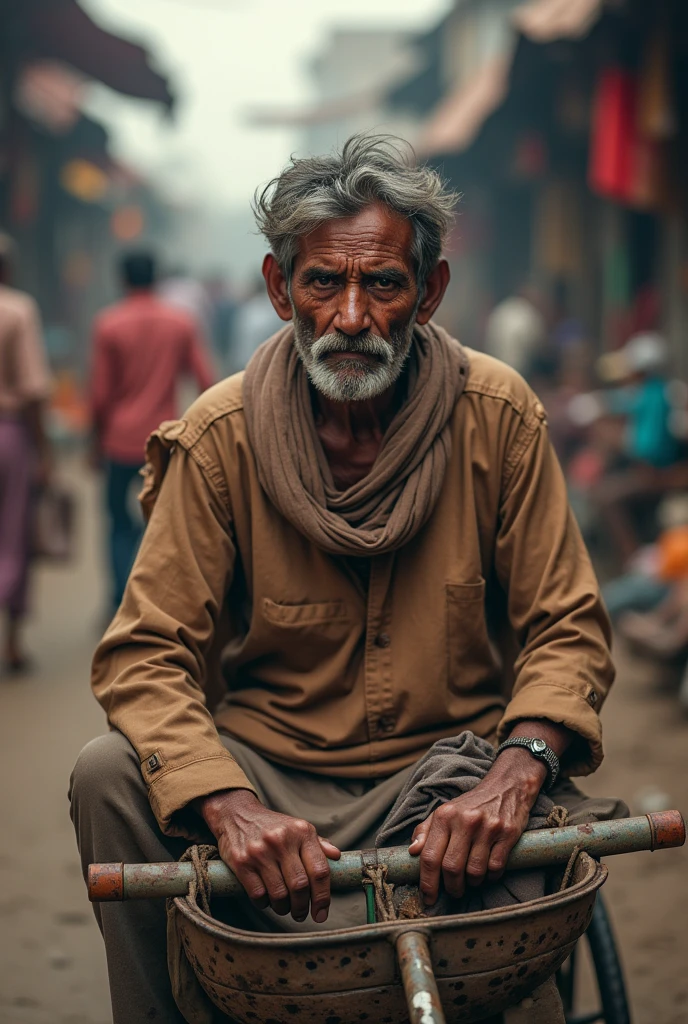 Indian rickshaw puller, poor, torn clothes, sad, market in background, 32k, hdr, cinematic, perfect lighting