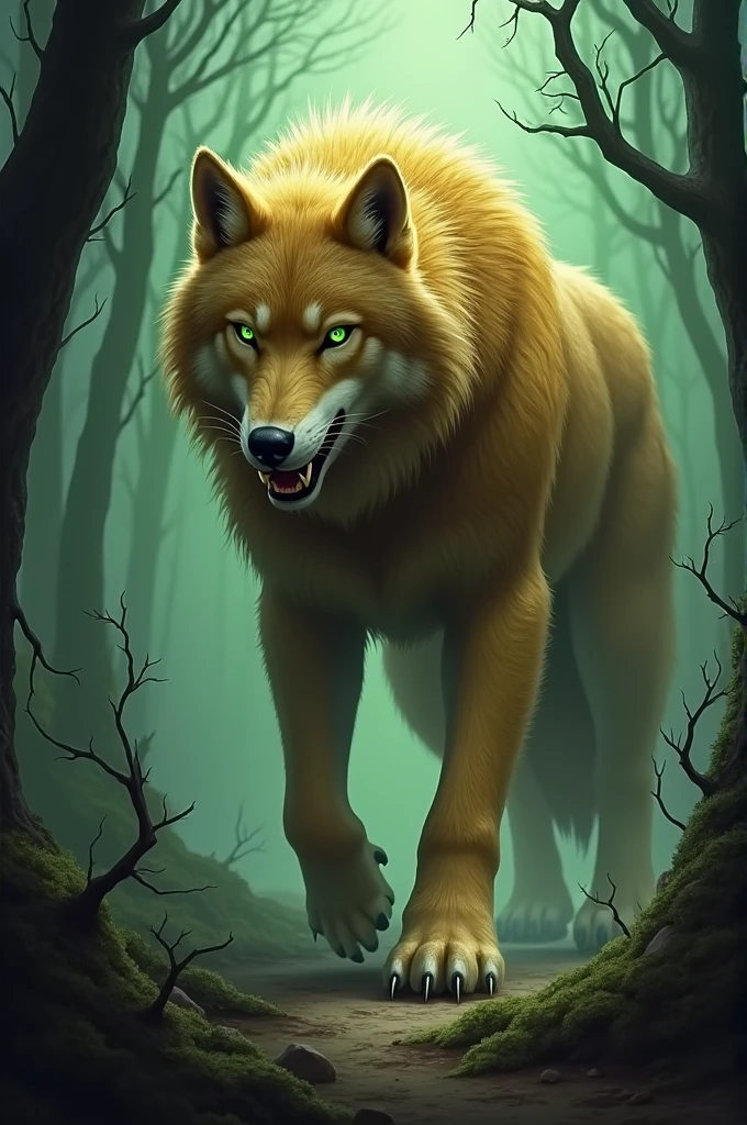 Create a werewolf with green eyes and golden fur 